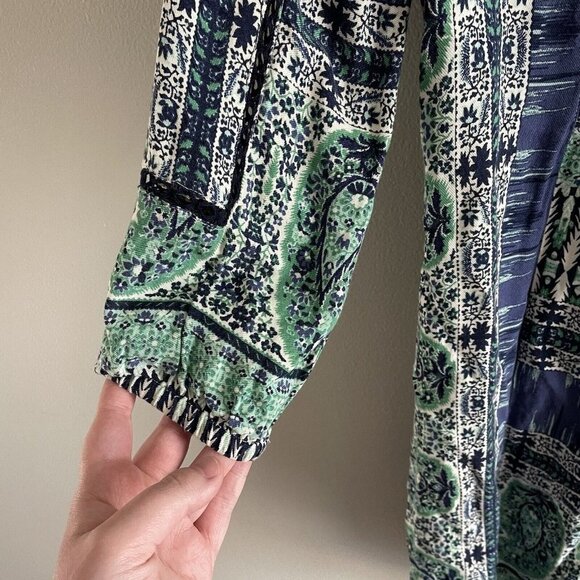 Lucky Brand Wmn SZ XS Blue/Green/White Boho Tunic Style Tie Neckline Short Dress - Picture 3 of 11